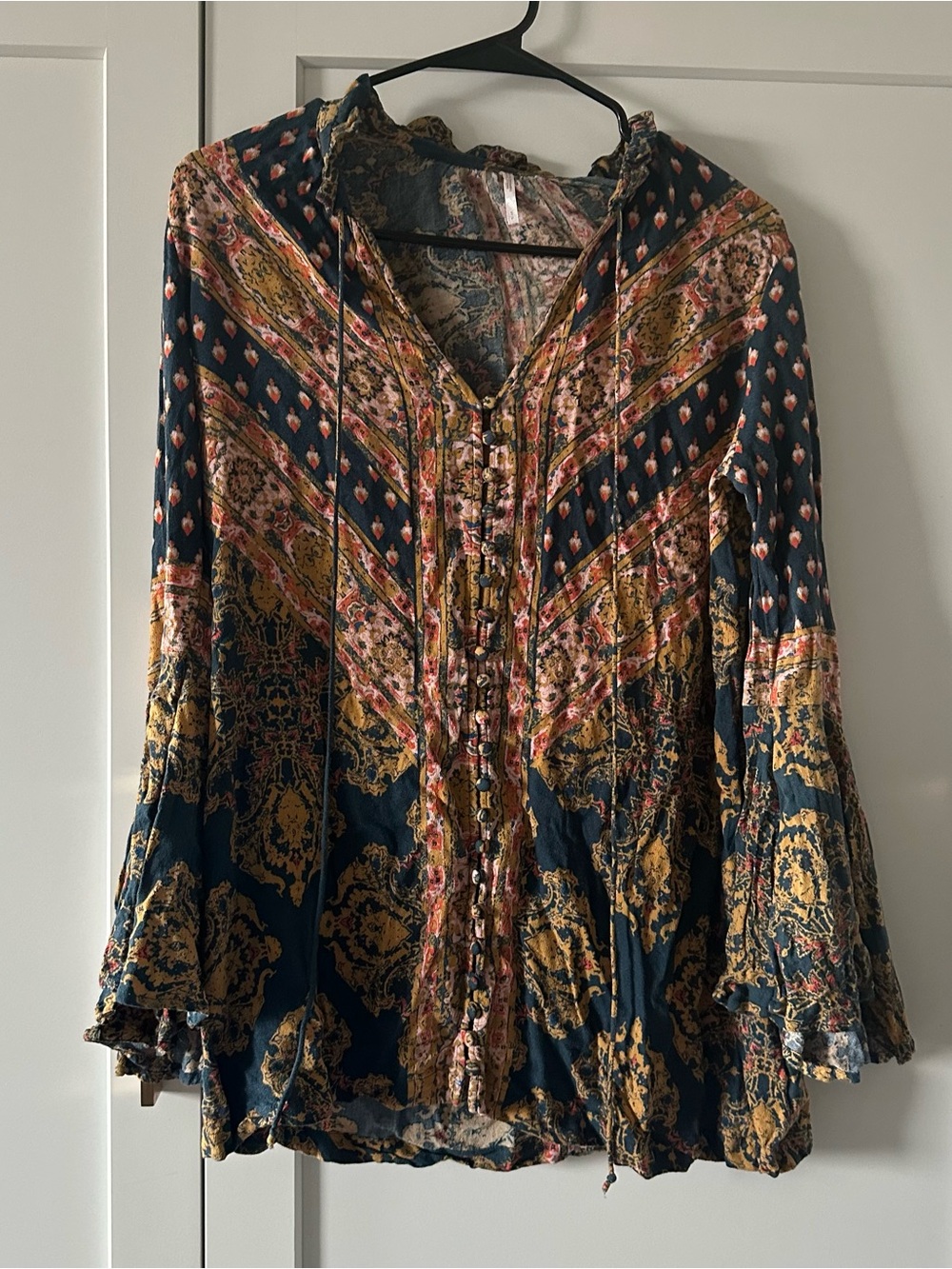 Free People Navy Blouse with Mustard and Pink Floral Print